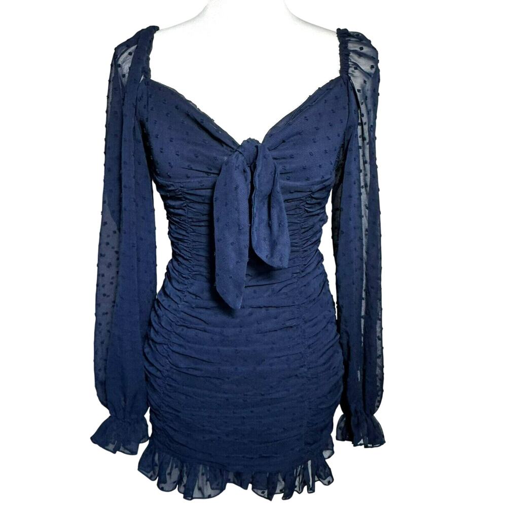 LUCY IN THE SKY XS Navy Blue Mini Dress Ruched Swiss Dot Sheer Balloon Sleeves - Picture 5 of 9